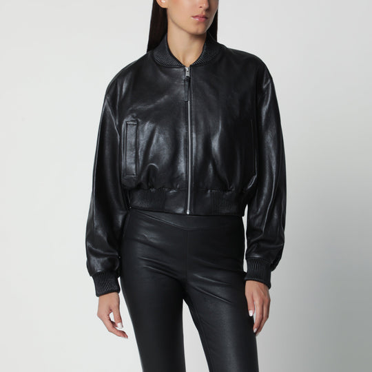 Black Hannah Cropped Leather Bomber Jacket