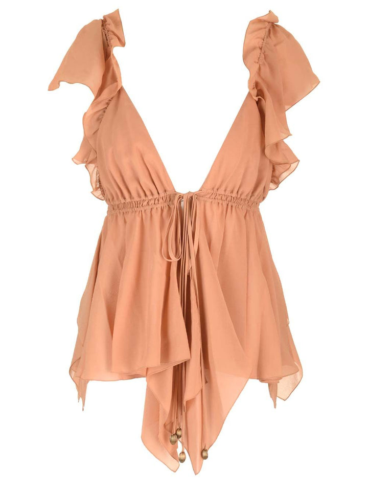 Chloe' Silk Georgette Ruffled Top Tops - Brown | 31326d369d73203cfec6fd5c5655fda1d091afdb