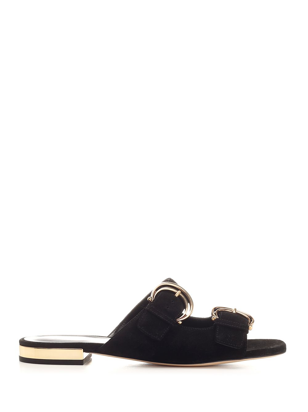 Chloe' Alize Flat Double C Buckle Sleepers Black Sandals - Black | 21f889a46f619b729bcceef91c60506c47b492ac