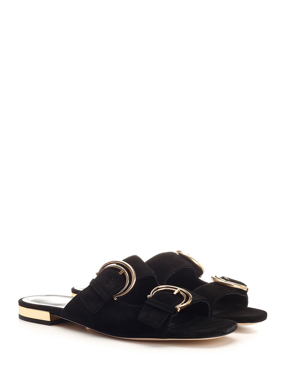 Chloe' Alize Flat Double C Buckle Sleepers Black Sandals - Black | 5c9ff14495b9de6c86318e31fc336a1c9d70ad8a