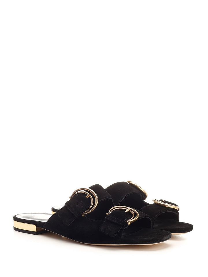 Chloe' Alize Flat Double C Buckle Sleepers Black Sandals - Black | 5c9ff14495b9de6c86318e31fc336a1c9d70ad8a