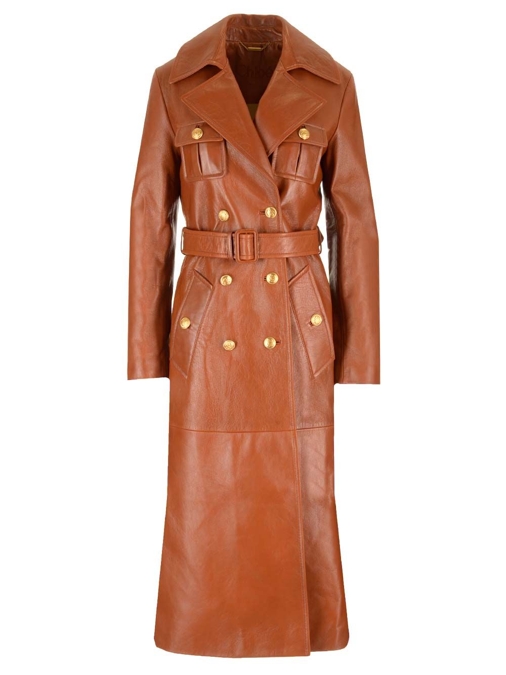 Chloe' Leather Military Trench Coat Jackets - Brown | 58db38c8ad26b3da3d174937f81d339a2c059a5f