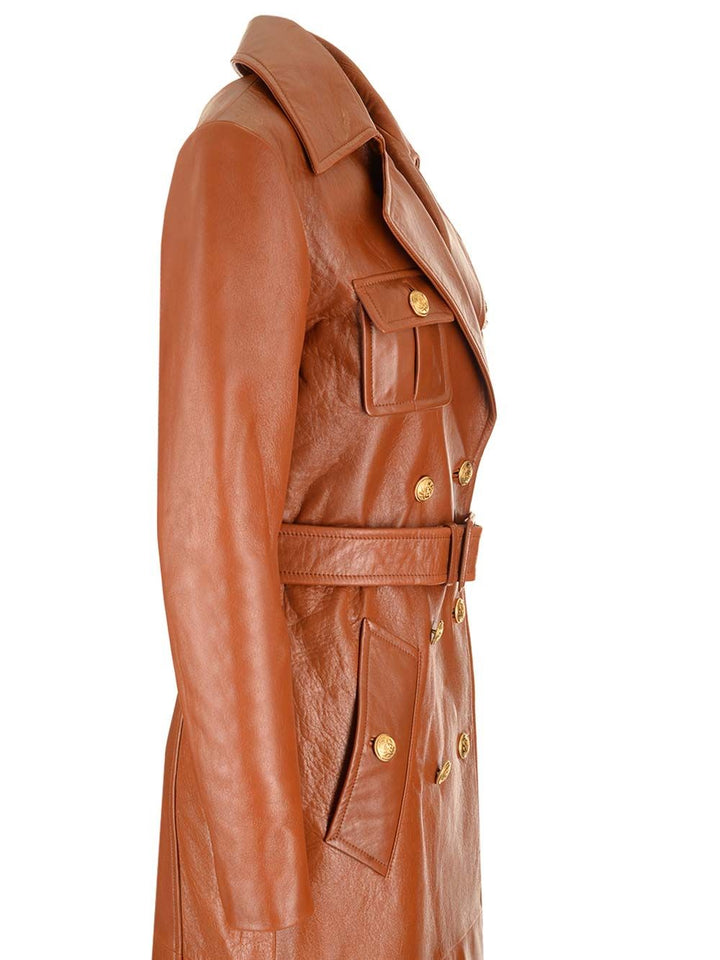 Chloe' Leather Military Trench Coat Jackets - Brown | a52190c096e12393bb4d3a495689415403a5b97e