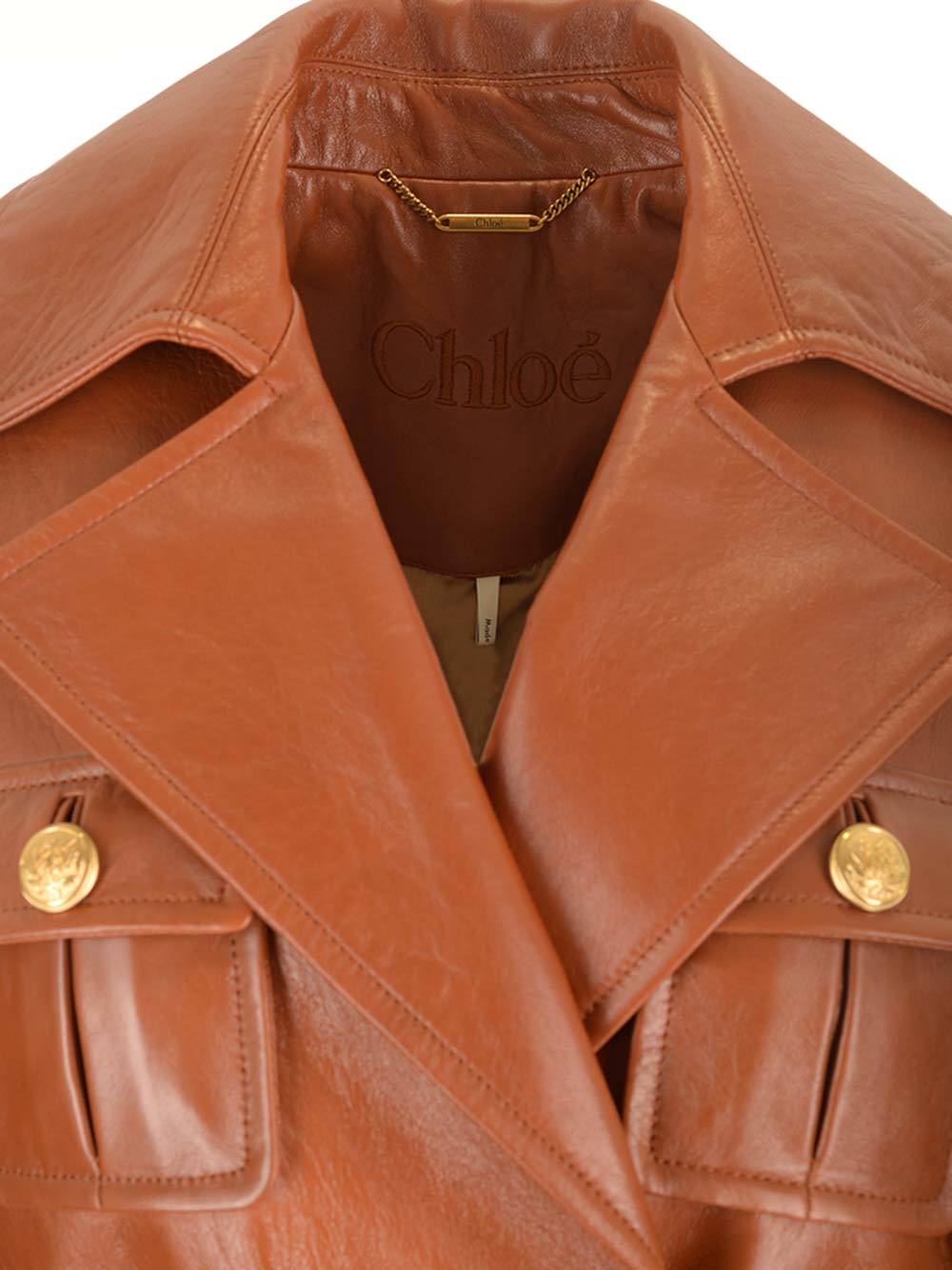 Chloe' Leather Military Trench Coat Jackets - Brown | 55e0bd08d42cc1c6aecd2dbb4a5ddeb256173c23