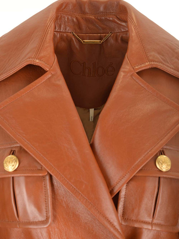 Chloe' Leather Military Trench Coat Jackets - Brown | 3d10a51ae92e7bcad4aed0be6b87dbd26b52d659