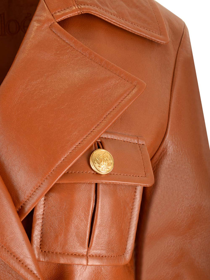 Chloe' Leather Military Trench Coat Jackets - Brown | 31e7ee91ac703a5df679e0f604364692a614d2fa