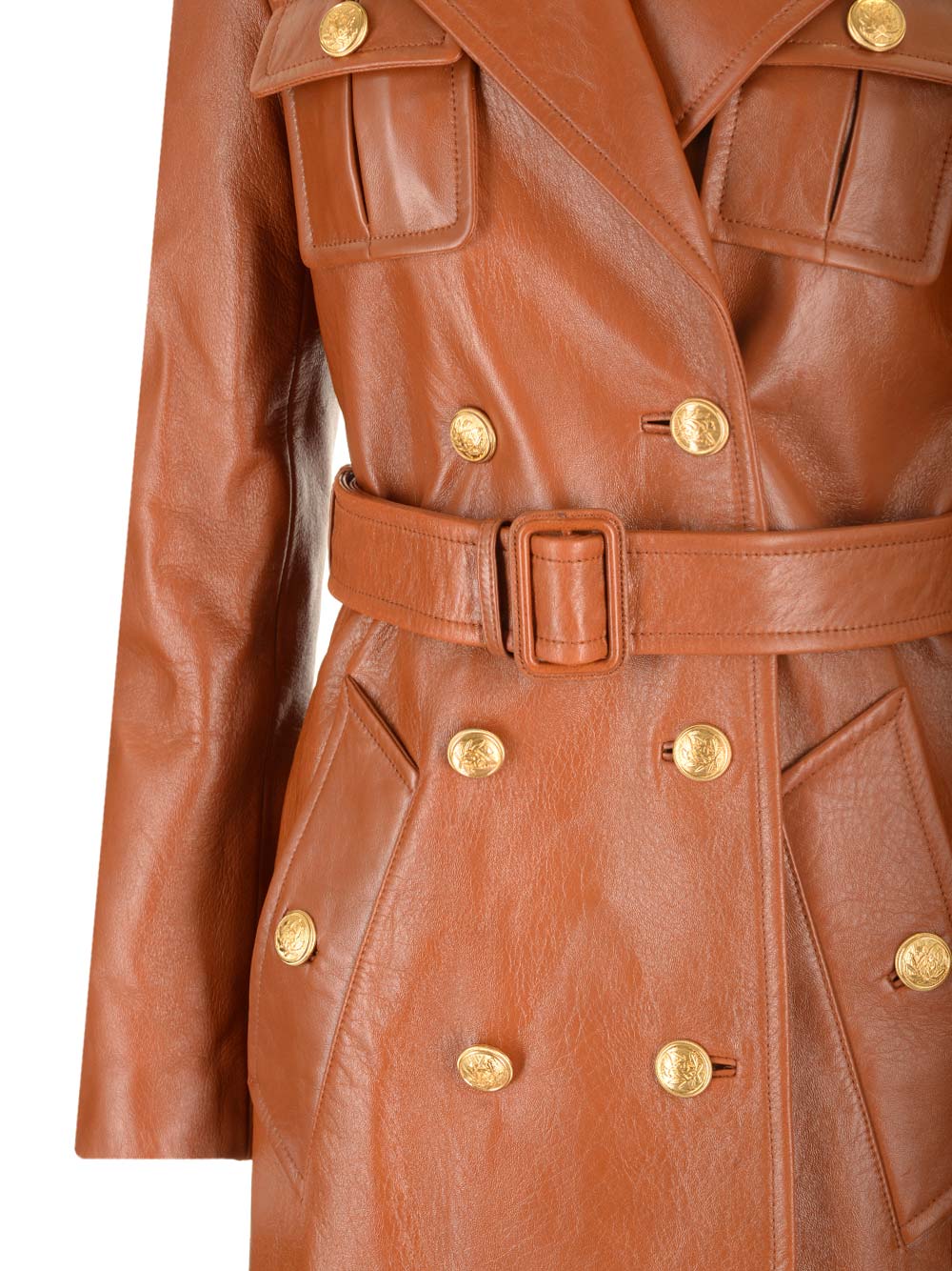 Chloe' Leather Military Trench Coat Jackets - Brown | a81c5a7ea72aa94d4b0ba50b34c1147d58b2a2ba