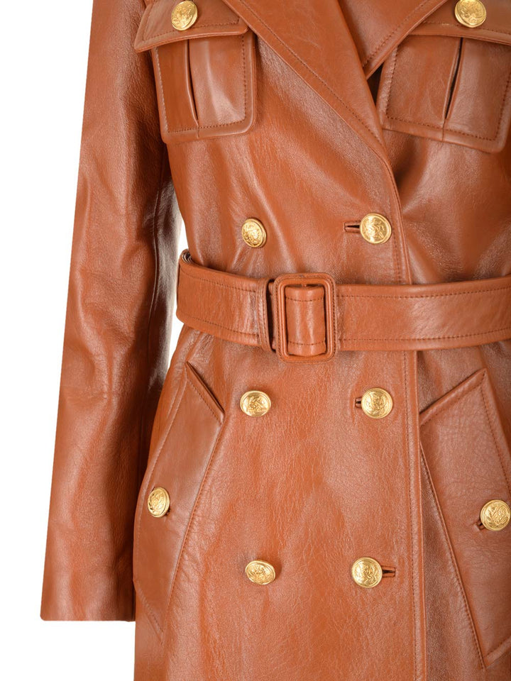 Chloe' Leather Military Trench Coat Jackets - Brown | a81c5a7ea72aa94d4b0ba50b34c1147d58b2a2ba