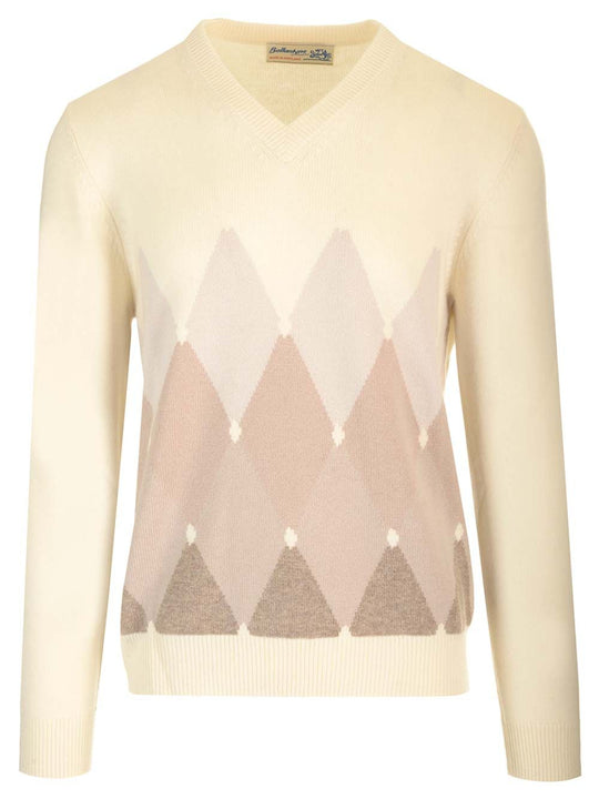 Double Yarn Cashmere Diamond Sweater Knitwear White