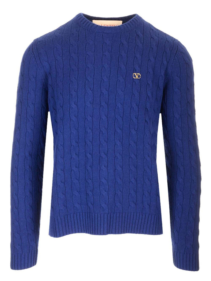 Valentino Garavani Cable Knit V Logo Detail Sweater Knitwear - Blue | a6ab2863bf729e3b72b2bbb1048e48e5b403d40c