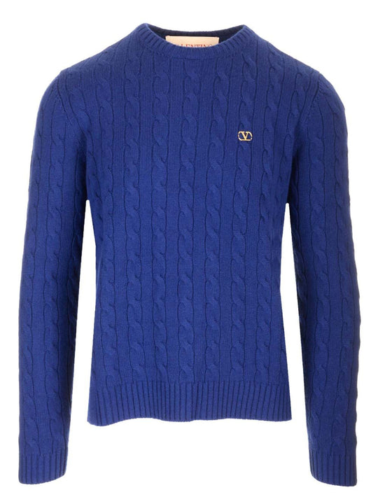 Cable Knit V Logo Detail Sweater Knitwear Blue