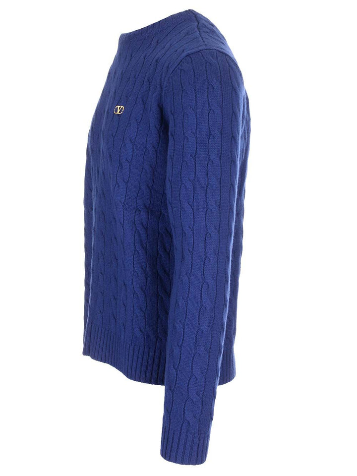 Valentino Garavani Cable Knit V Logo Detail Sweater Knitwear - Blue | 551266fe84496038a0d096ea0a6b0af014a02c6e