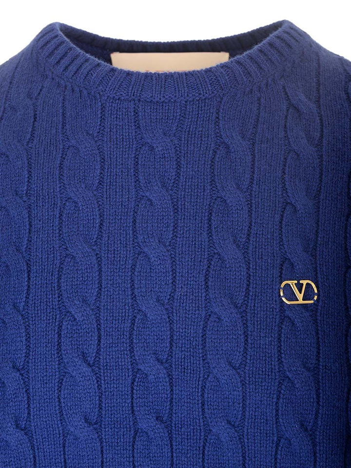 Valentino Garavani Cable Knit V Logo Detail Sweater Knitwear - Blue | 948361abad36073f7df018cd5221b2556cd98824