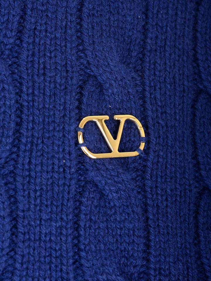 Valentino Garavani Cable Knit V Logo Detail Sweater Knitwear - Blue | 7ce9d8b6c9ee28d4fbf0f1b261c7e906740a9aab