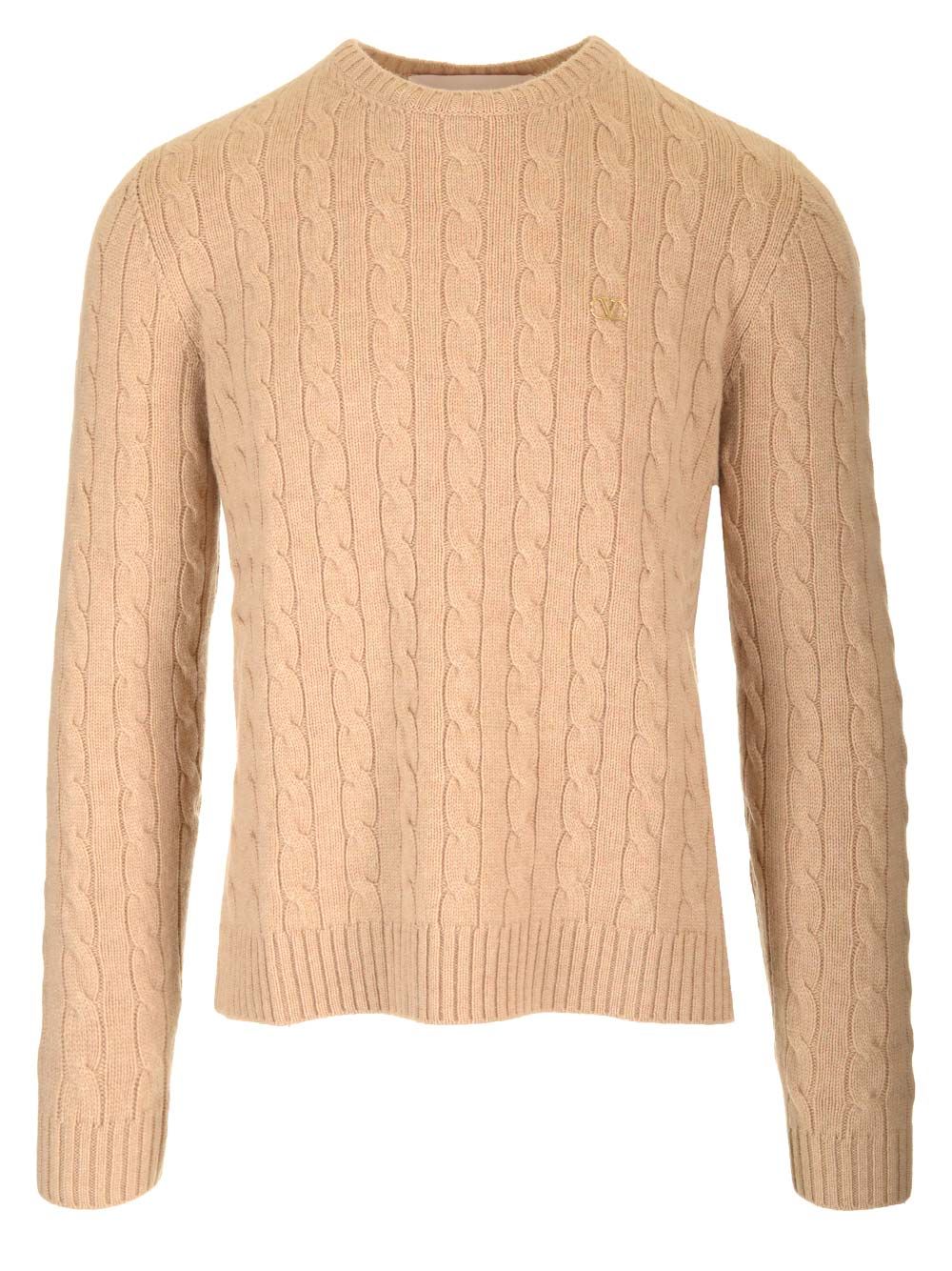 Valentino Garavani Cable Knit V Logo Detail Sweater Knitwear - Beige | 631661dd08fd5bcdc126d5b6a76028af2976c5c6