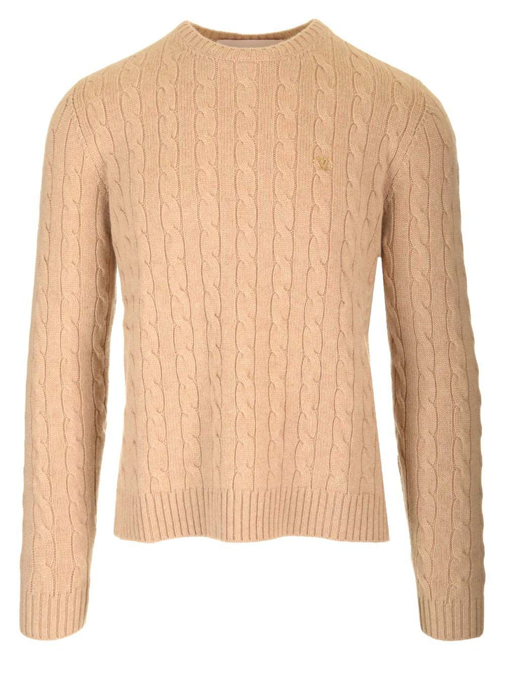 Valentino Garavani Cable Knit V Logo Detail Sweater Knitwear - Beige | 631661dd08fd5bcdc126d5b6a76028af2976c5c6