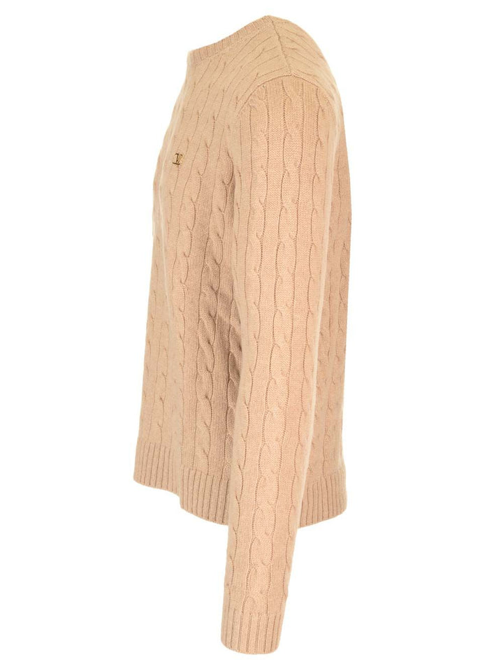 Valentino Garavani Cable Knit V Logo Detail Sweater Knitwear - Beige | 9335fa29b044251d74c22e9b438b4aac884cd6ae