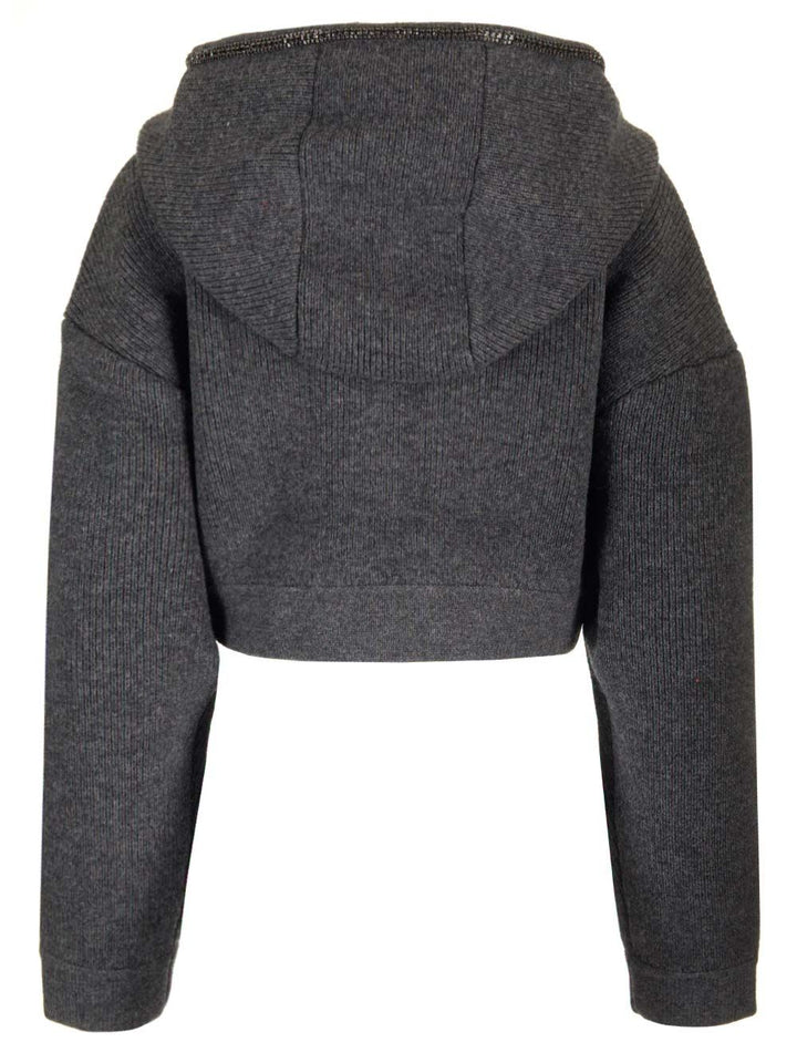 Self-Portrait Cropped Knit Hoodie Knitwear - Grey | 81f82be84d11bbe8f76c89b410029f31a5528527