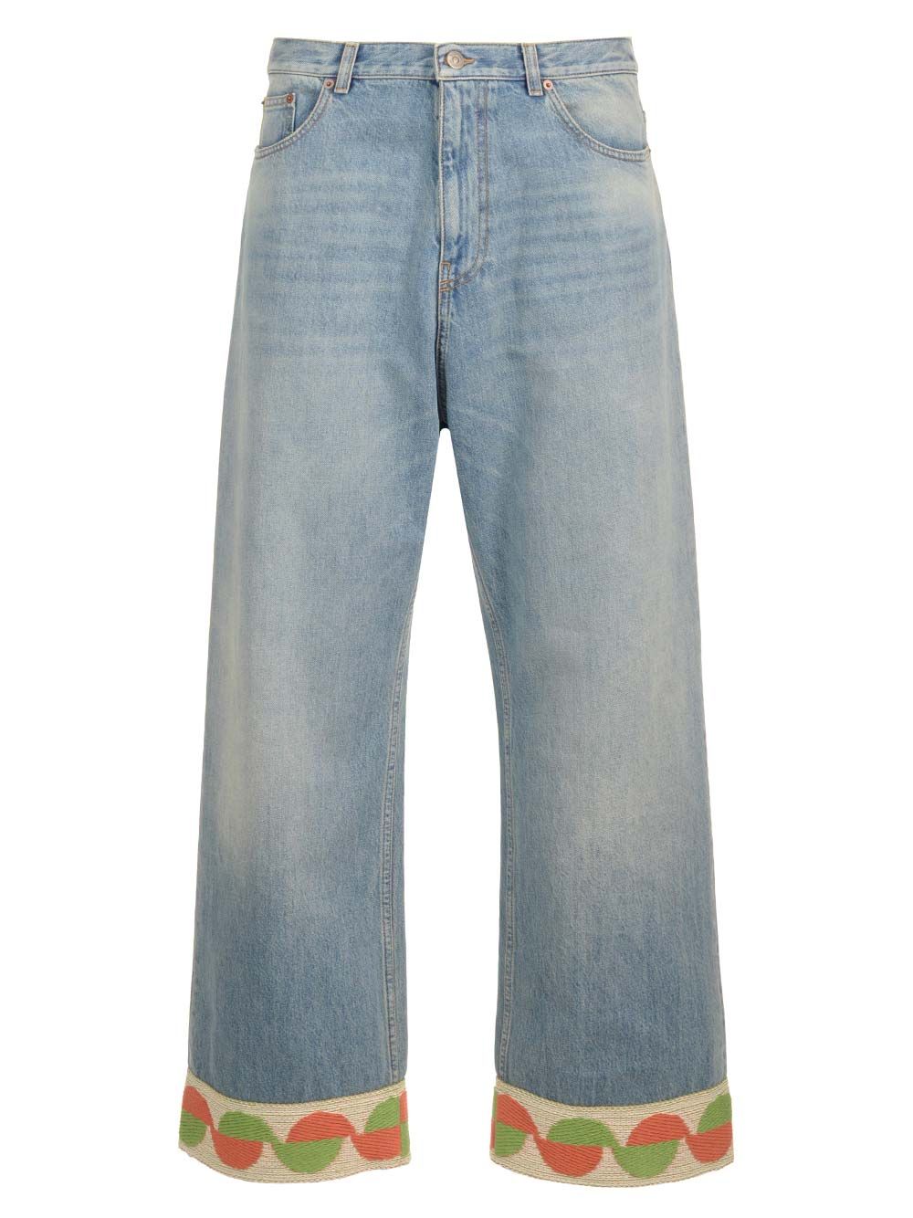 Valentino Garavani Denim Trousers With Jacquard Hem Jeans - Blue | edbfe5c66a05d61e9b3f0064e3a0004db0feed93