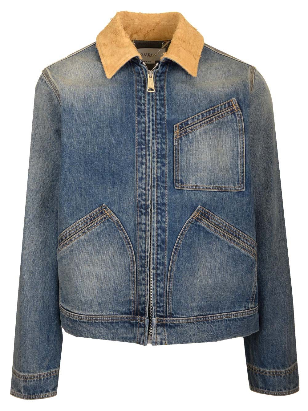 Mcqueen Denim Jacket With Contrasting Sand Suede Collar Jackets - Blue | ba7a364b0b1b0be664c31bfffa6f7267b5113a81