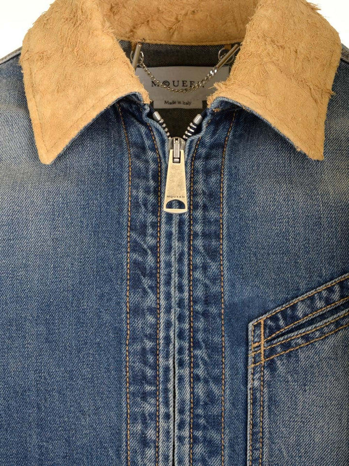 Mcqueen Denim Jacket With Contrasting Sand Suede Collar Jackets - Blue | e5591f156dd03c12808d518aeae85f987efc0a0e