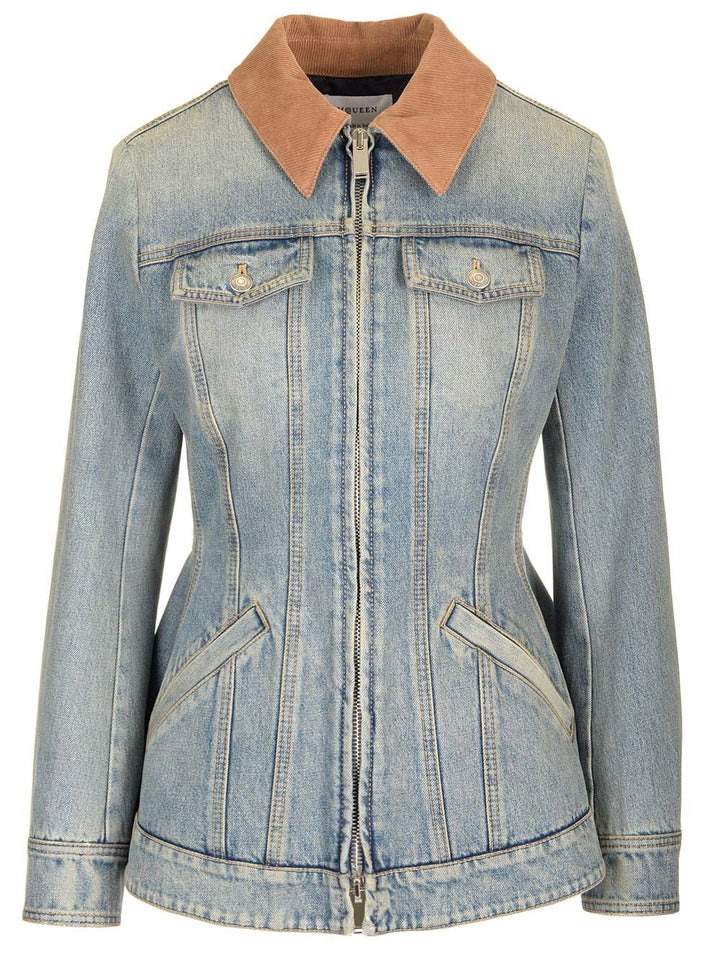 Mcqueen Indigo Faded Denim Jacket With Ruffles Jackets - Blue | 88ad8a9c37d982bca8cb604fe8f11bae9d93e3ef