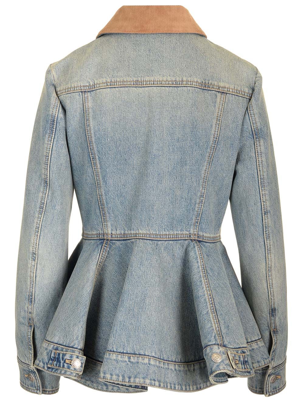 Mcqueen Indigo Faded Denim Jacket With Ruffles Jackets - Blue | 19623cbbee6fff289c2c59e874ca48b01d6dd977