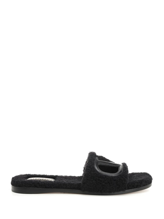 Furry Slide Slippers Sandals Black