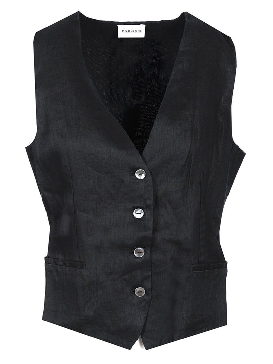 Black Linen Vest Jackets Black