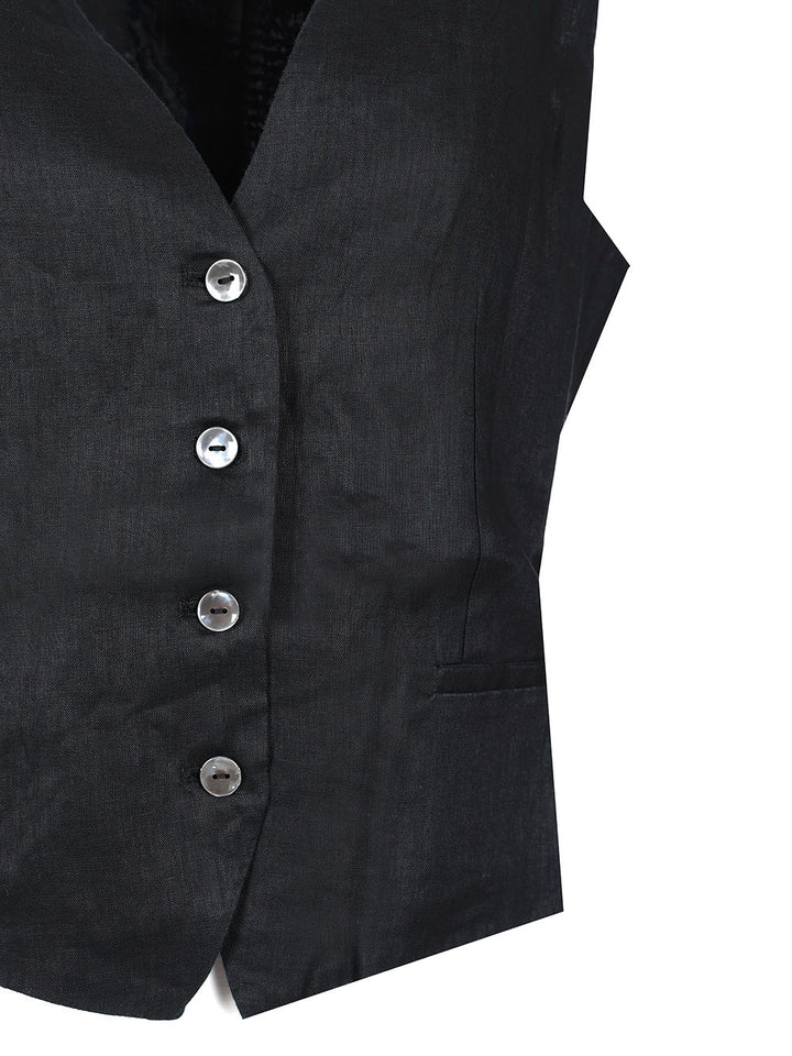 P.A.R.O.S.H. Black Linen Vest Jackets - Black | 7d4d412f37dfde515fc0d992daf54082471b0ed5