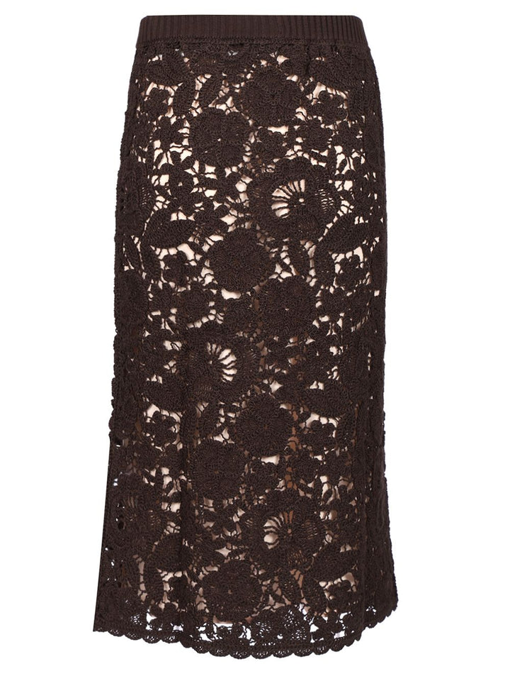 P.A.R.O.S.H. Lace Midi Skirt Skirts - Brown | 64d421f327979194c12ac47c9fe0bbfc0657dcc0