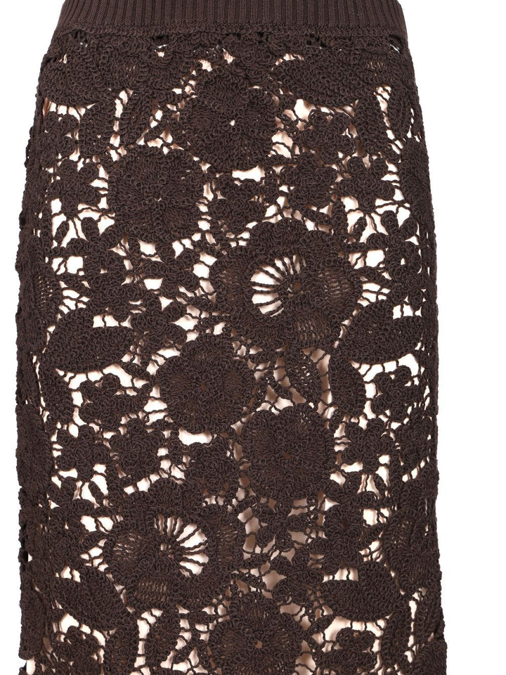 P.A.R.O.S.H. Lace Midi Skirt Skirts - Brown | 56663b4c7a64f4e4dedf63effa8699be717271f2