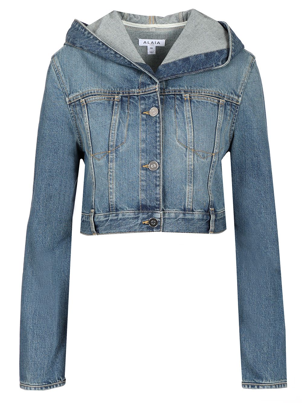 AlaÏA Hooded Denim Jacket Jackets - Blue | b0083f12bf8d17f4be67beb0ddde245847655bcb