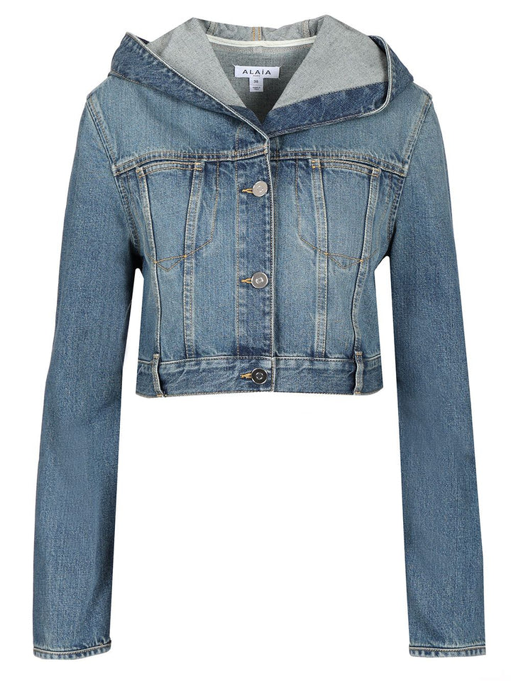 AlaÏA Hooded Denim Jacket Jackets - Blue | b0083f12bf8d17f4be67beb0ddde245847655bcb