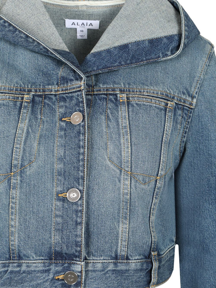 AlaÏA Hooded Denim Jacket Jackets - Blue | b0b5c52dea8063b1c09255bf06448a6e580c1574