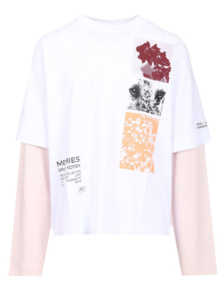 Dries Van Noten Hemmings Printed Double Sleeve T-Shirt - White | f57fd0d7e4e670875256b54290aca623e7913e18