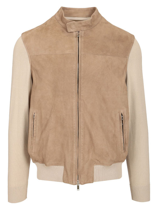 Suede Jacket With Knitted Sleeves Knitwear Beige