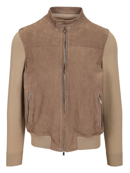 Suede Jacket With Knitted Sleeves Knitwear Beige