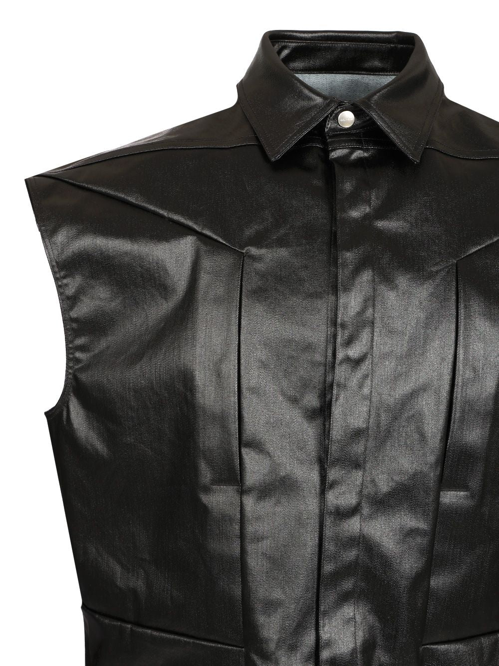 Rick Owens Sleeveless Coated Denim Shirt Jackets - Black | f95999efd91efcd7c6259f44519f218fd3ef9d92