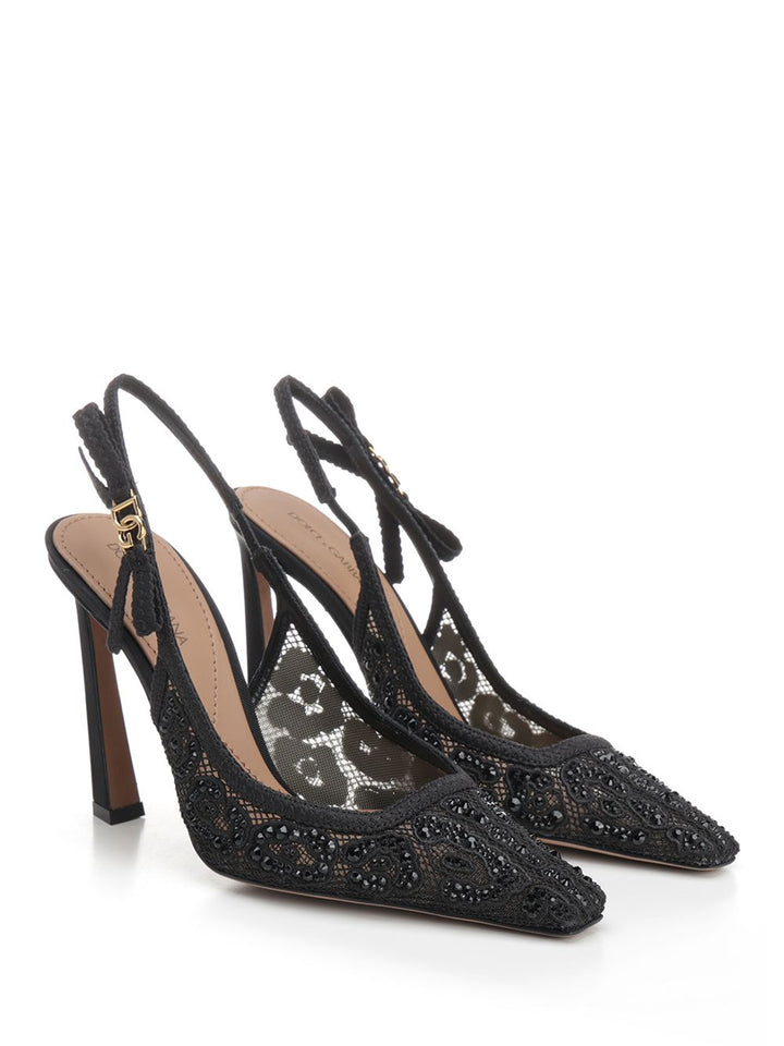Dolce & Gabbana Lace And Rhinestones Sling Back Pumps - Black | 809bce1ece58223f9e68f3866fa081c0c8f29ffd
