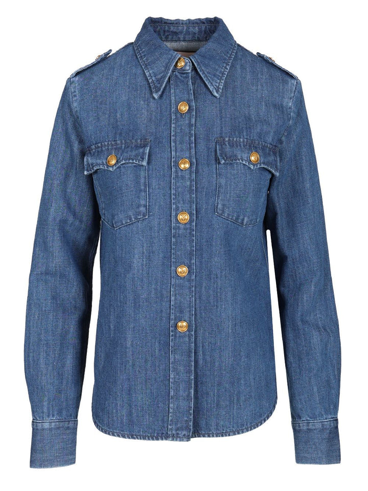 Valentino Garavani Slim Fit Military Style Shirt Casual - Blue | 751b99642feceb8a23142633876258891a275cee