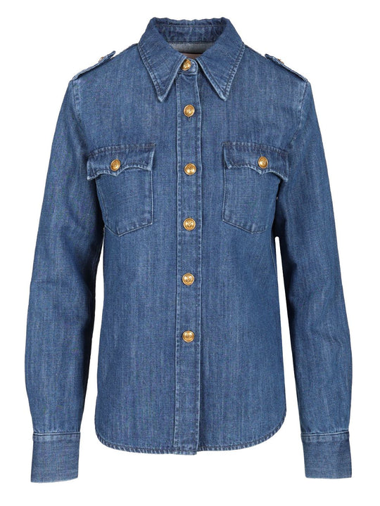 Slim Fit Military Style Shirt Casual Blue
