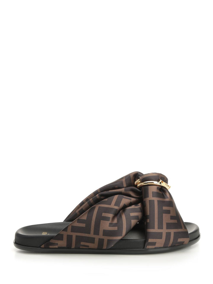 Fendi Flat Slide In Satin Sandals - Brown | 80f691c858185662779020285fbbe323e97b214d