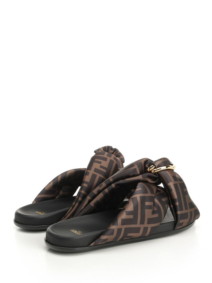 Fendi Flat Slide In Satin Sandals - Brown | 88fae4d7e99f0064c1f84762b956b8ed8c8856c8