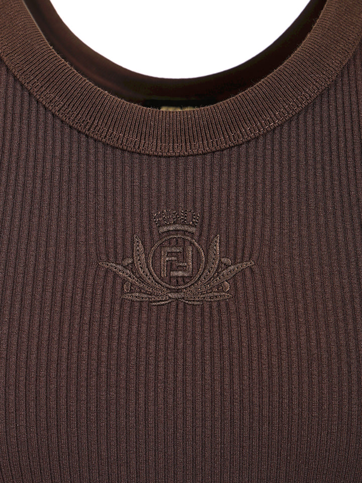Fendi Look 30 Adv Top Ribbed Jersey Ff Club Crest Brown T-Shirt - Brown | 8da5a37dae3522e7c03661d76674b89cd1936522
