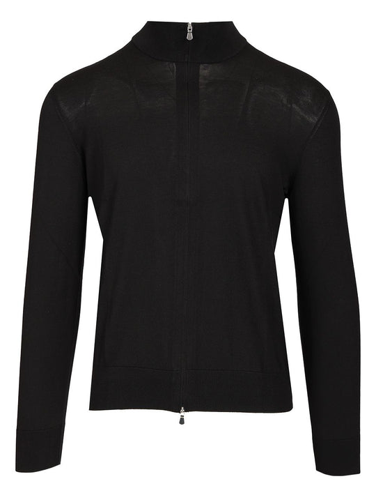 Cotton And Silk High Neck Zip Sweater Knitwear Black