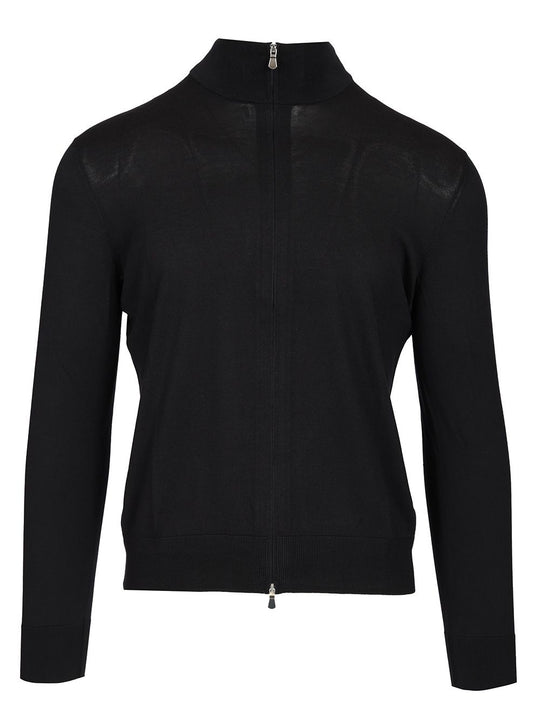 Cotton And Silk High Neck Zip Sweater Knitwear Blue