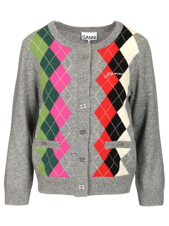 Checked Cardigan Knitwear Grey