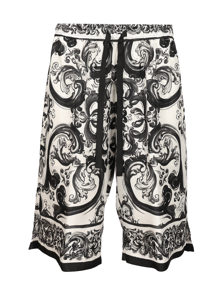 Dolce & Gabbana Bermuda Shorts In Silk With Majolica Print Trousers - Black | 40bb6b0c80b6e15ce8d4cf104494b2b3cb5c73d2
