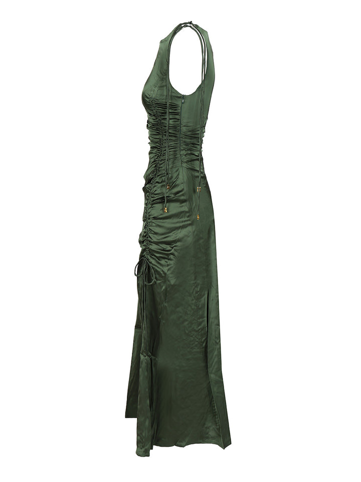 Ganni Satin Ruffled Dress Dresses - Green | 9d9e7eab10f664847f3deb18cb0fad32a93636b0